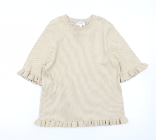 Marks and Spencer Women Beige Ruffle Knit Short Sleeve Jumper L