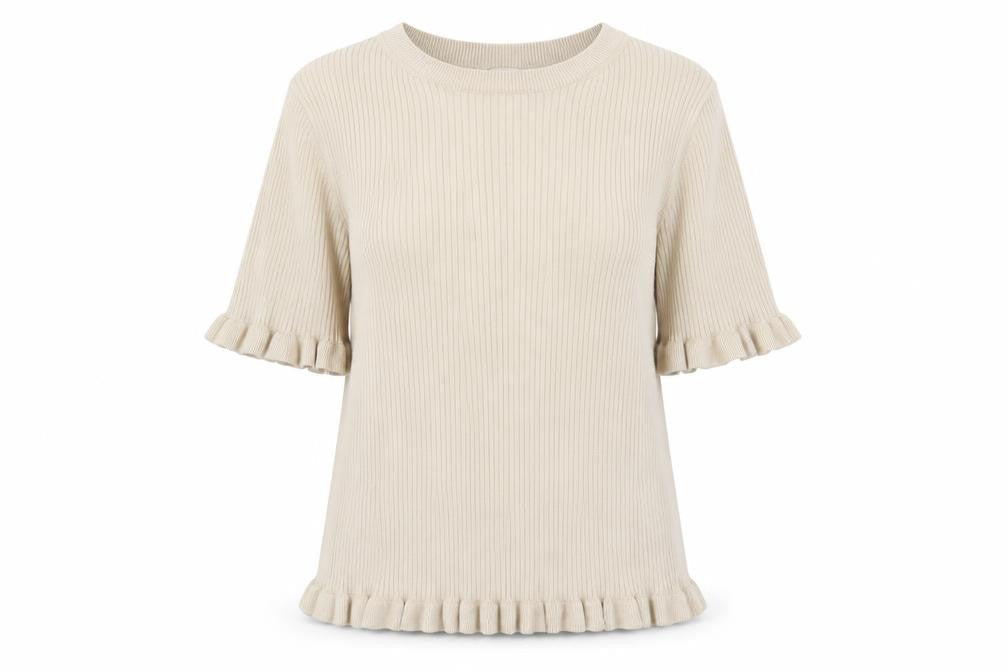 Marks & Spencer Women Beige Ruffle Knit Short Sleeve Jumper L