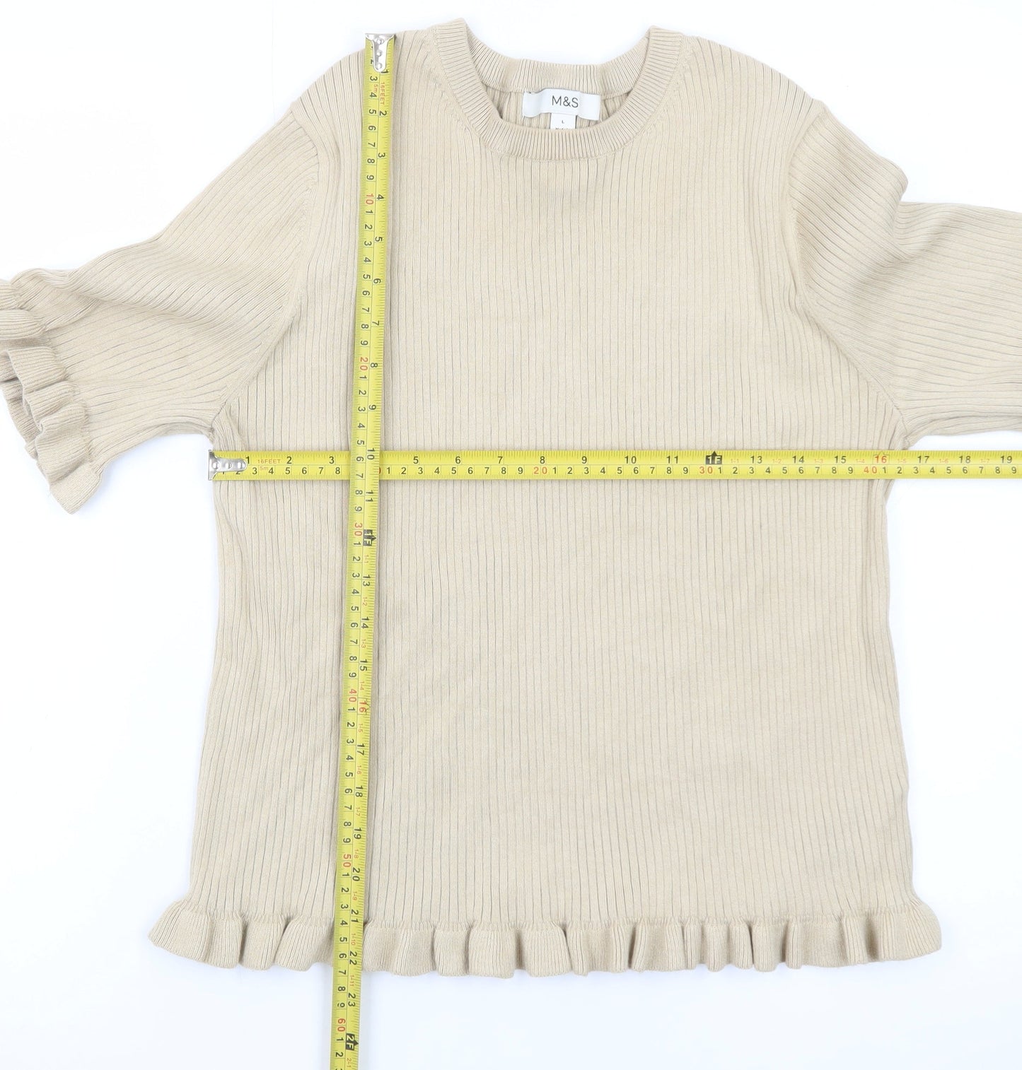 Marks and Spencer Women Beige Ruffle Knit Short Sleeve Jumper L