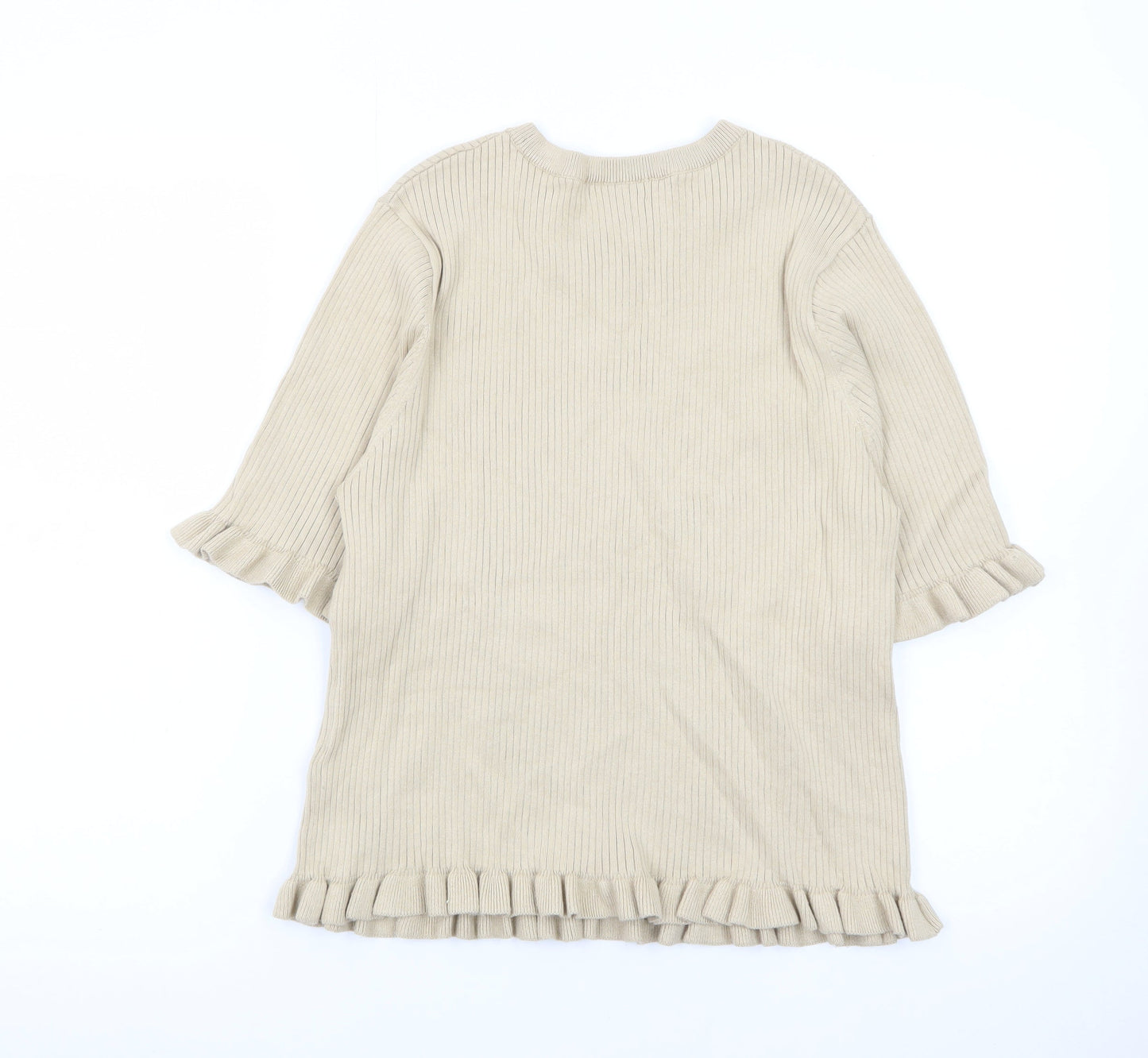 Marks and Spencer Women Beige Ruffle Knit Short Sleeve Jumper L