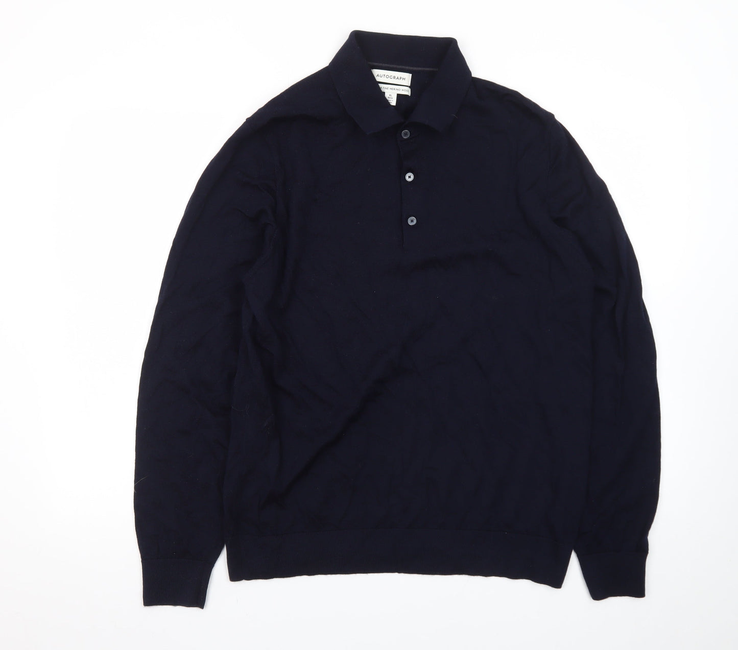 Marks and Spencer Men’s Black XL Merino Wool Collared Henley Jumper