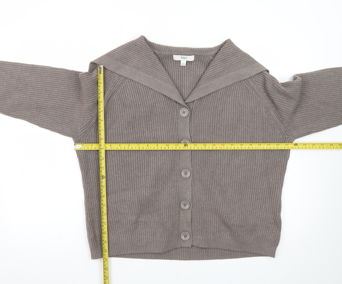 Marks and Spencer Women Brown L Button Collared Ribbed Cardigan