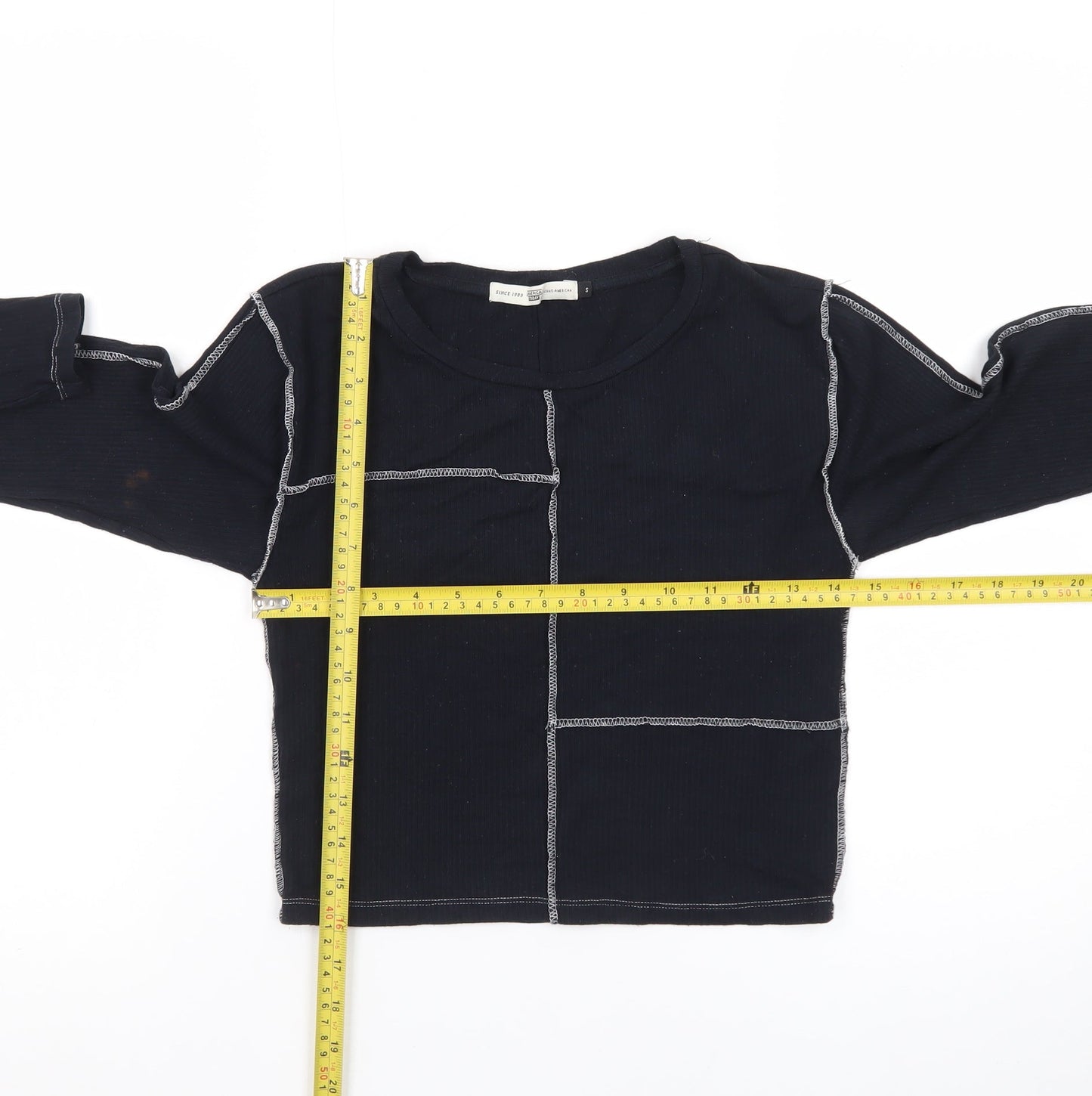 America Today Womens Black Cropped Long Sleeve Contrast Stitch T-Shirt S