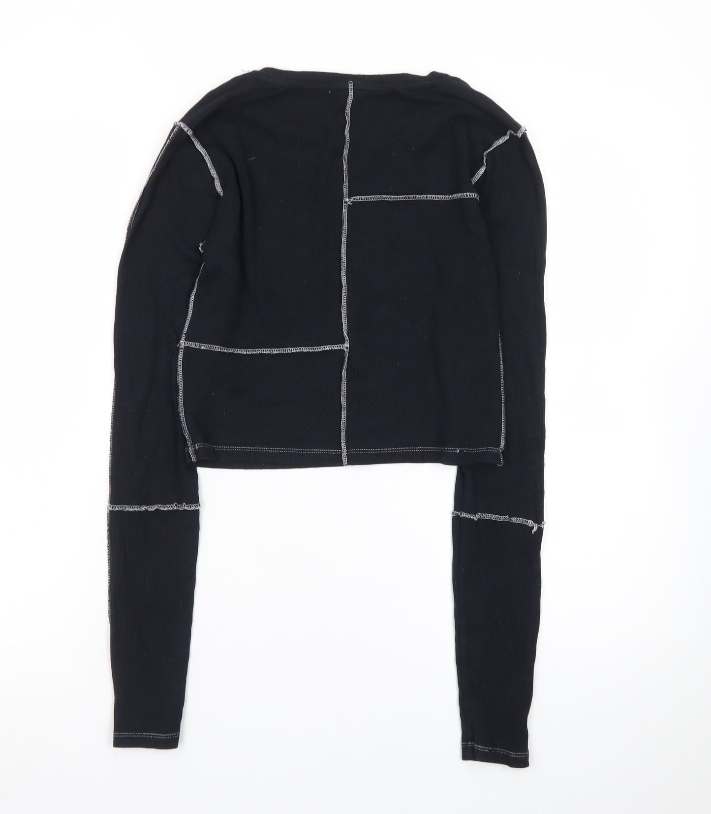 America Today Womens Black Cropped Long Sleeve Contrast Stitch T-Shirt S