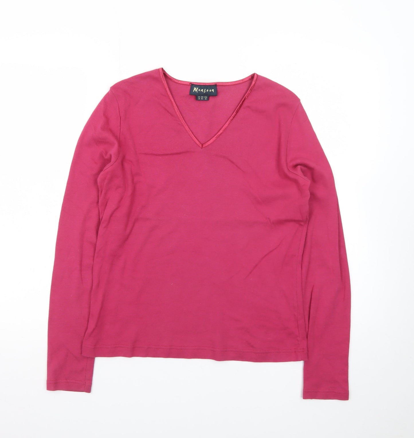 Monsoon Women Pink V-Neck Long Sleeve Cotton Basic Top Size 14