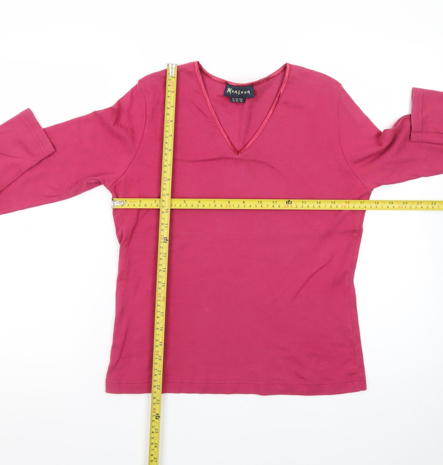 Monsoon Women Pink V-Neck Long Sleeve Cotton Basic Top Size 14