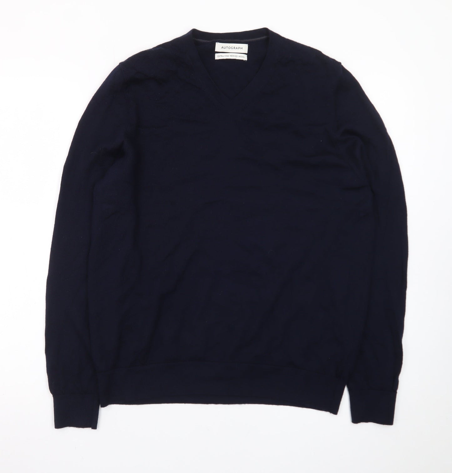 Marks and Spencer Men’s Blue Wool V-Neck Jumper Size L