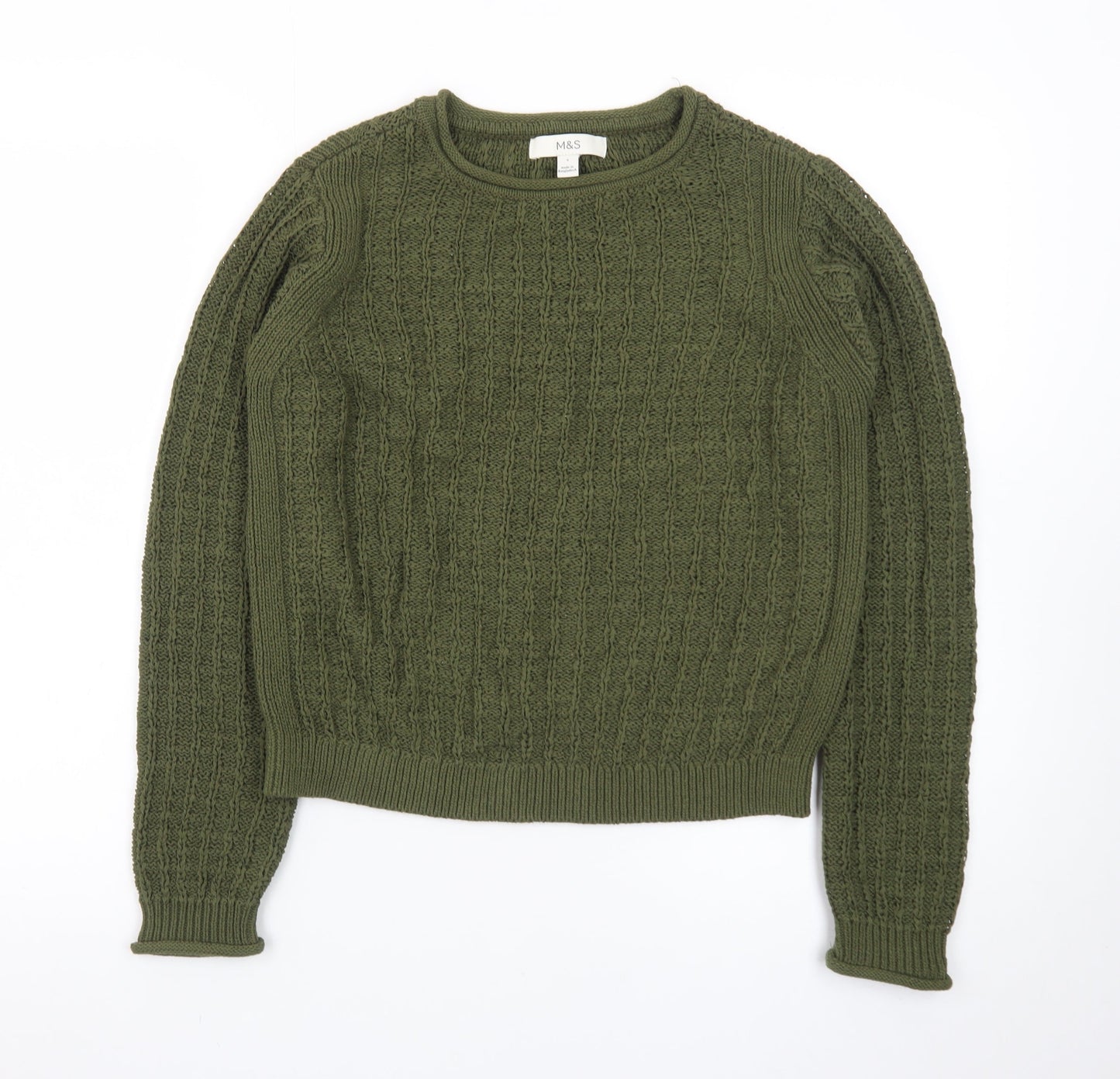 Marks and Spencer Men's Green Cable Knit Cotton Jumper Size S