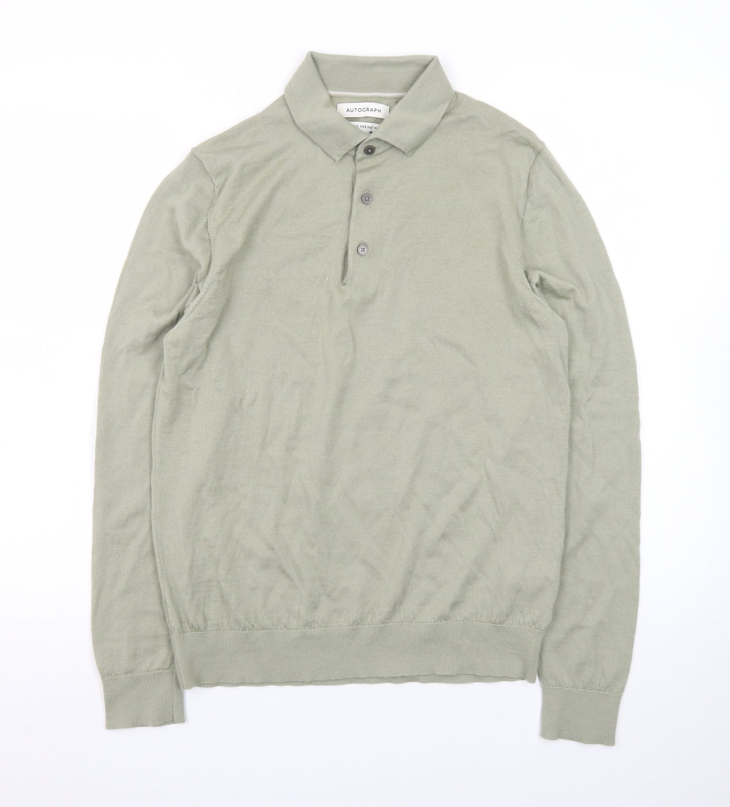 Marks and Spencer Men’s Green Extra Fine Merino Wool Collared Henley Jumper M