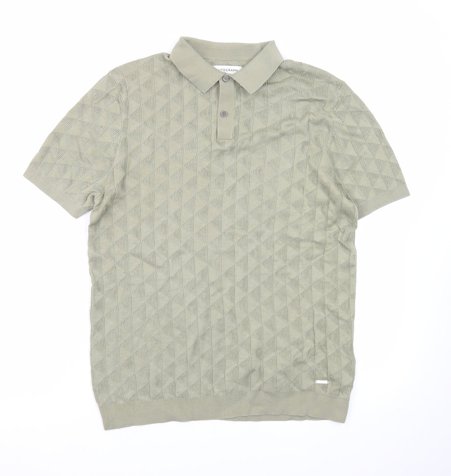 Marks and Spencer Men's Green Geometric Knit Polo Shirt Size M