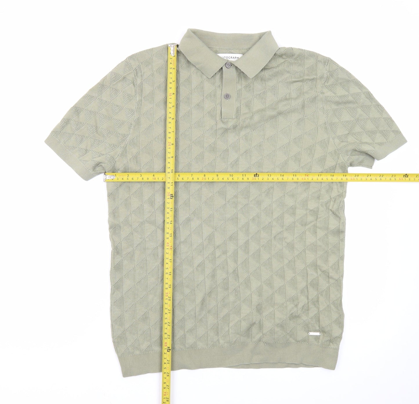 Marks and Spencer Men's Green Geometric Knit Polo Shirt Size M