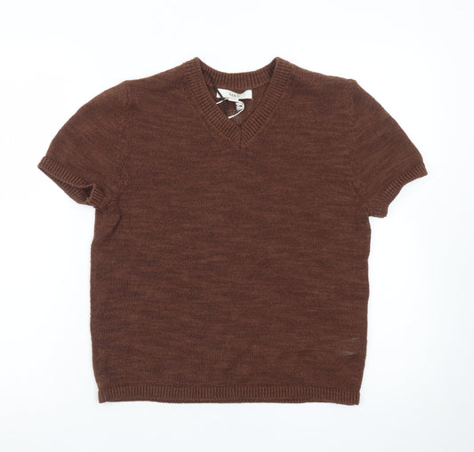 Marks and Spencer Women Brown V-Neck Short Sleeve Wool Jumper Size Small