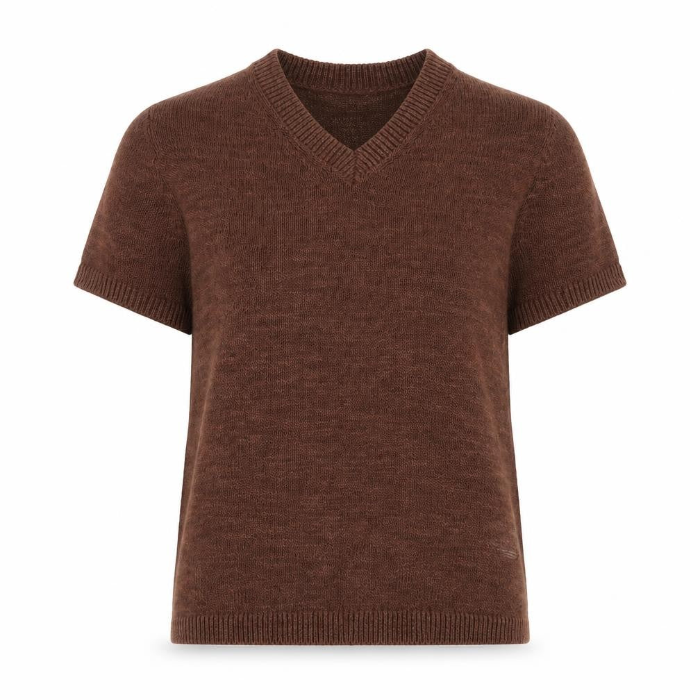 Marks & Spencer Women Brown V-Neck Short Sleeve Wool Jumper Size Small