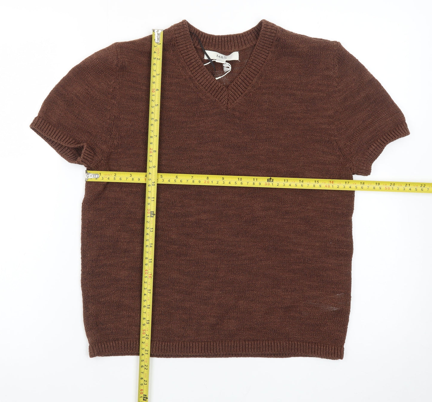Marks and Spencer Women Brown V-Neck Short Sleeve Wool Jumper Size Small