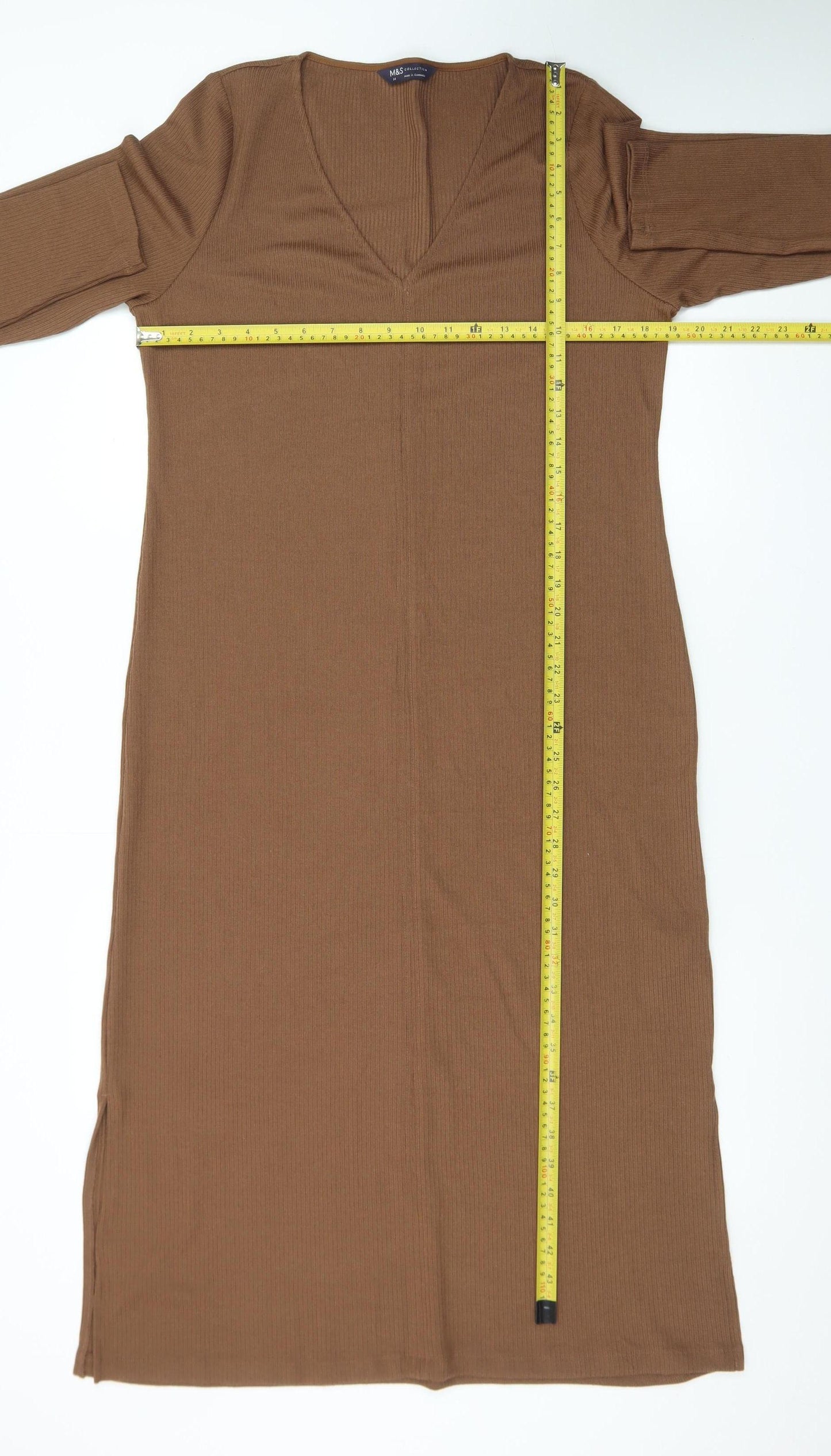 Marks and Spencer Women Brown Long Sleeve Bodycon Midi Dress Size 14