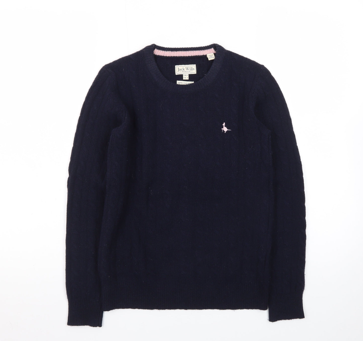 Jack Wills Women's Navy Cable-Knit Jumper UK 8 Extra Fine Merino Wool