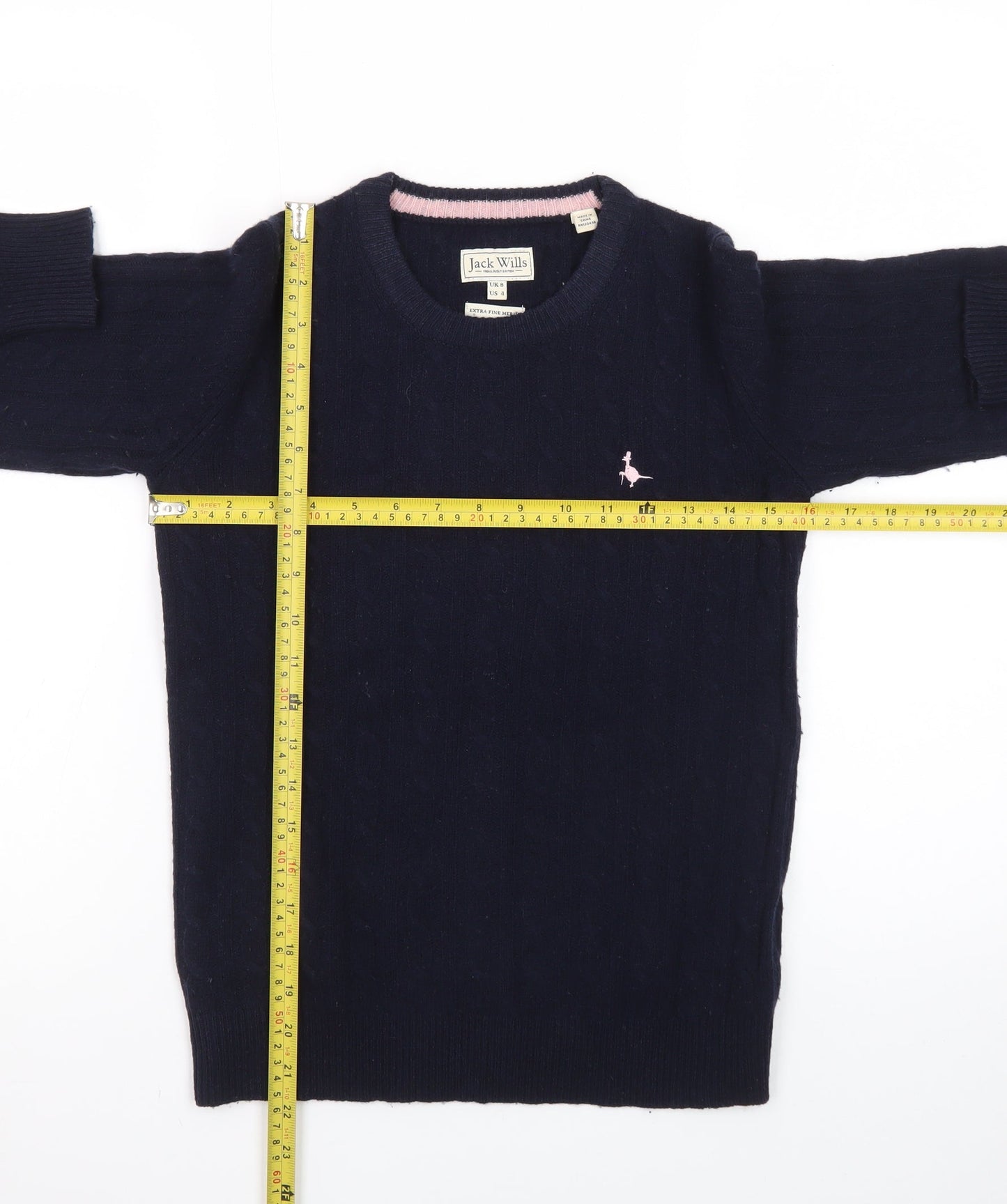 Jack Wills Women's Navy Cable-Knit Jumper UK 8 Extra Fine Merino Wool