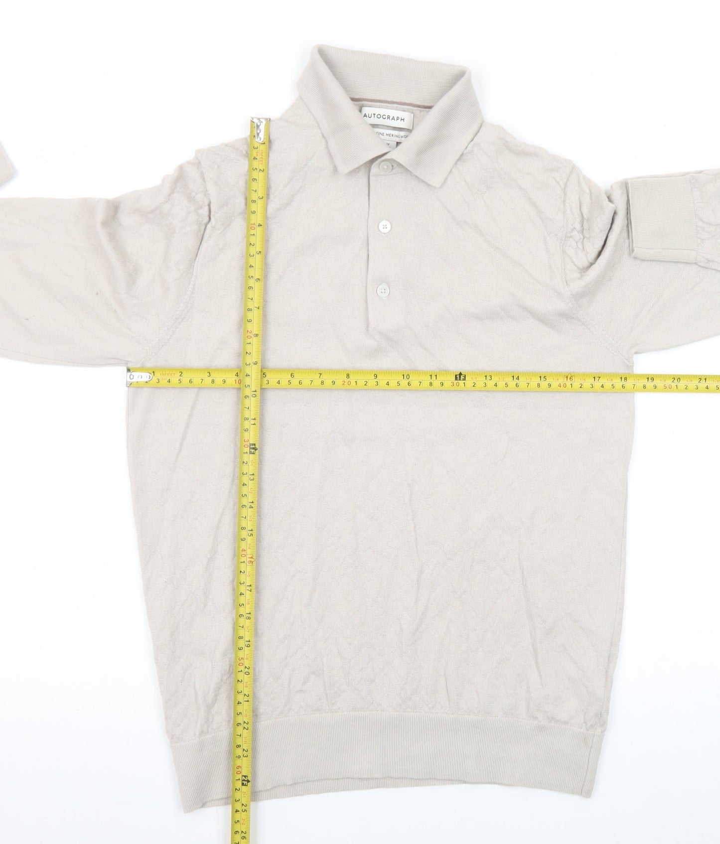 Marks and Spencer Men Beige Merino Wool Collared Henley Jumper M
