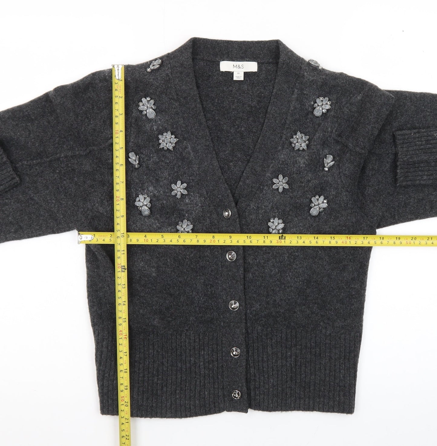 Marks and Spencer Women’s Grey Wool Jewel Embellished Cardigan XS