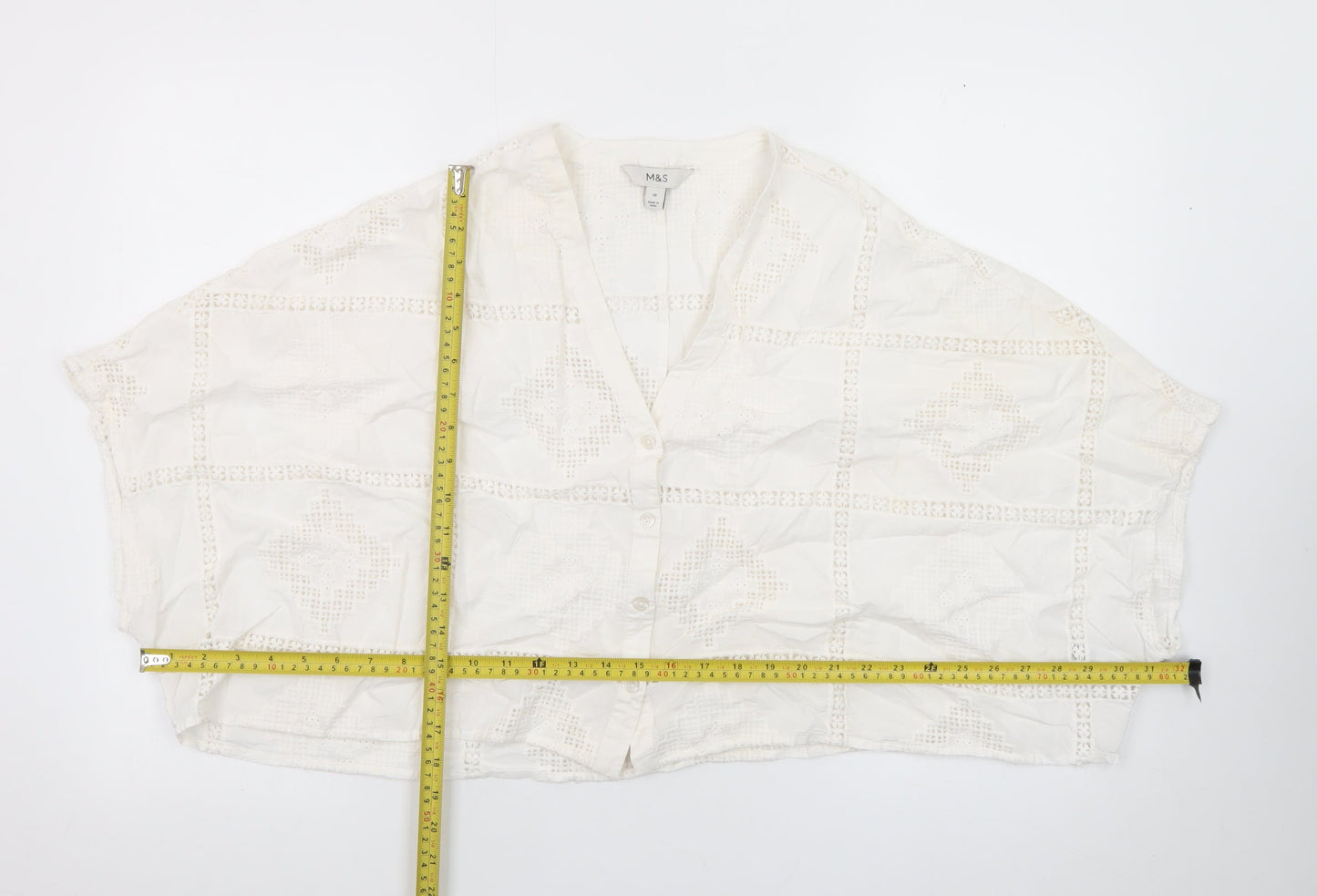 Marks and Spencer Women Ivory Cotton Cropped Lace Blouse Size 10