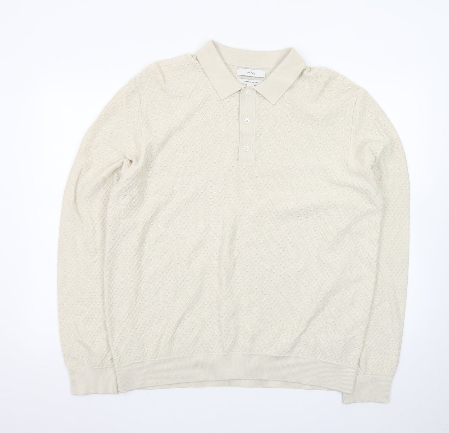 Marks and Spencer Men's Beige Collared Pullover Jumper XL Cotton Modal