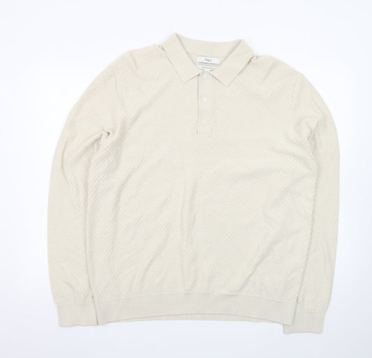 Marks and Spencer Men's Beige Collared Pullover Jumper XL Cotton Modal