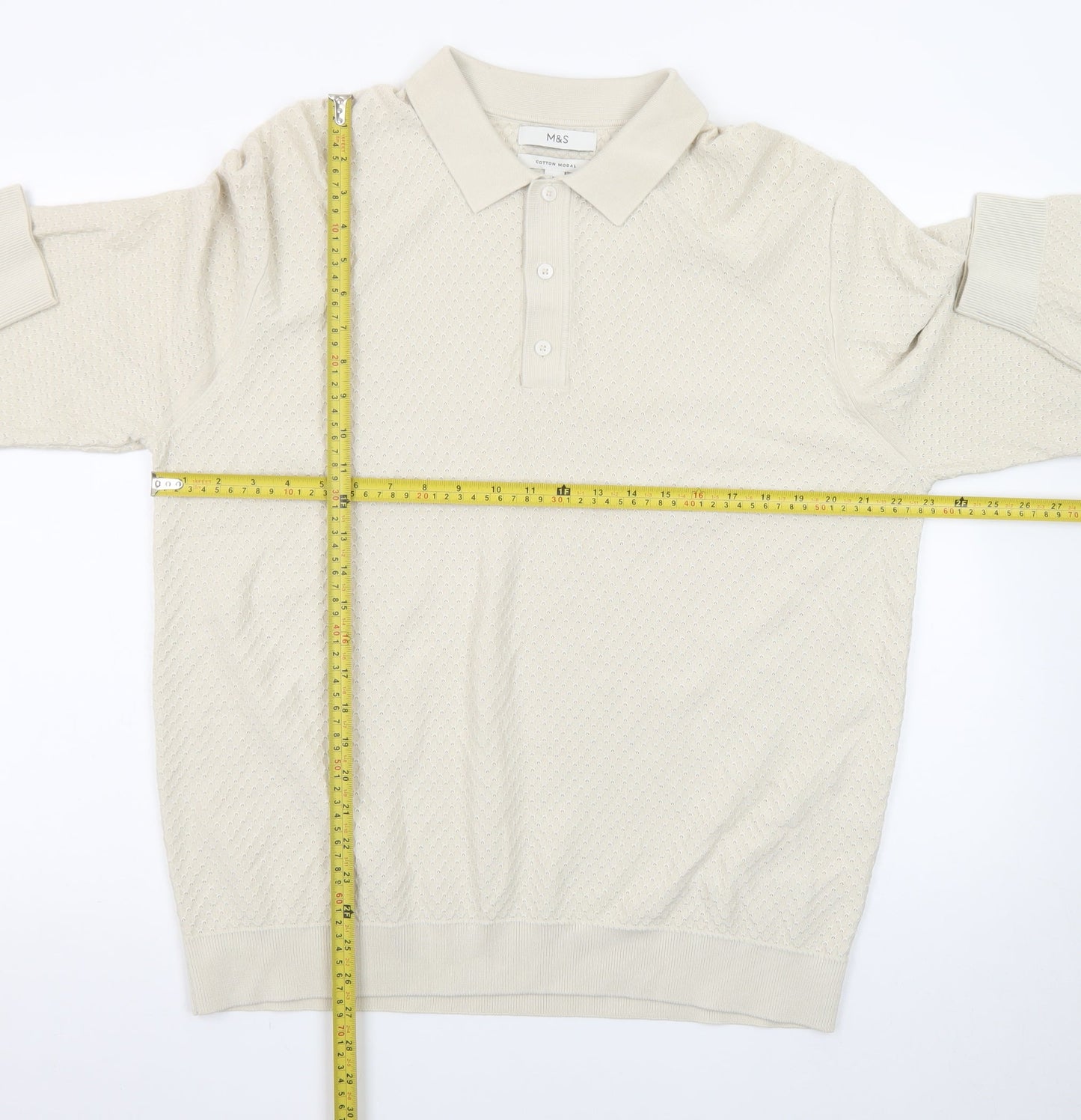 Marks and Spencer Men's Beige Collared Pullover Jumper XL Cotton Modal