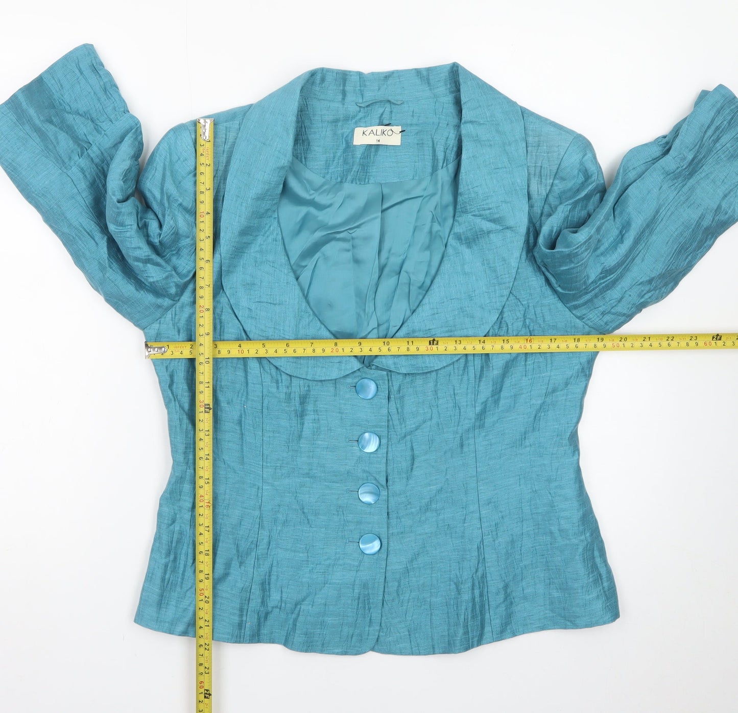 Kaliko Women's Blue Dupion Silk Shawl Collar Suit Jacket Size 14