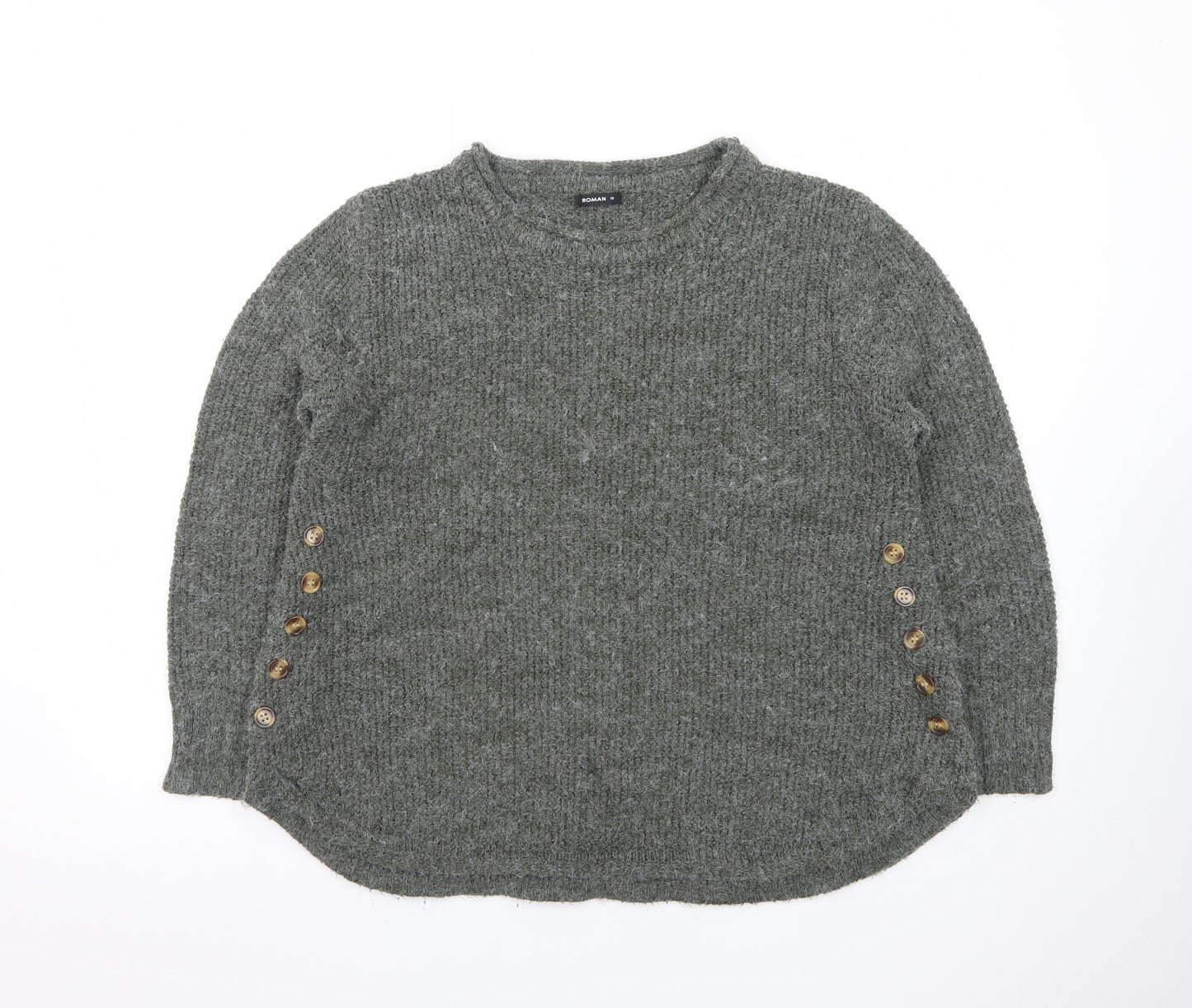 Roman Women Grey Button Accent Long Sleeve Knit Jumper Size 16