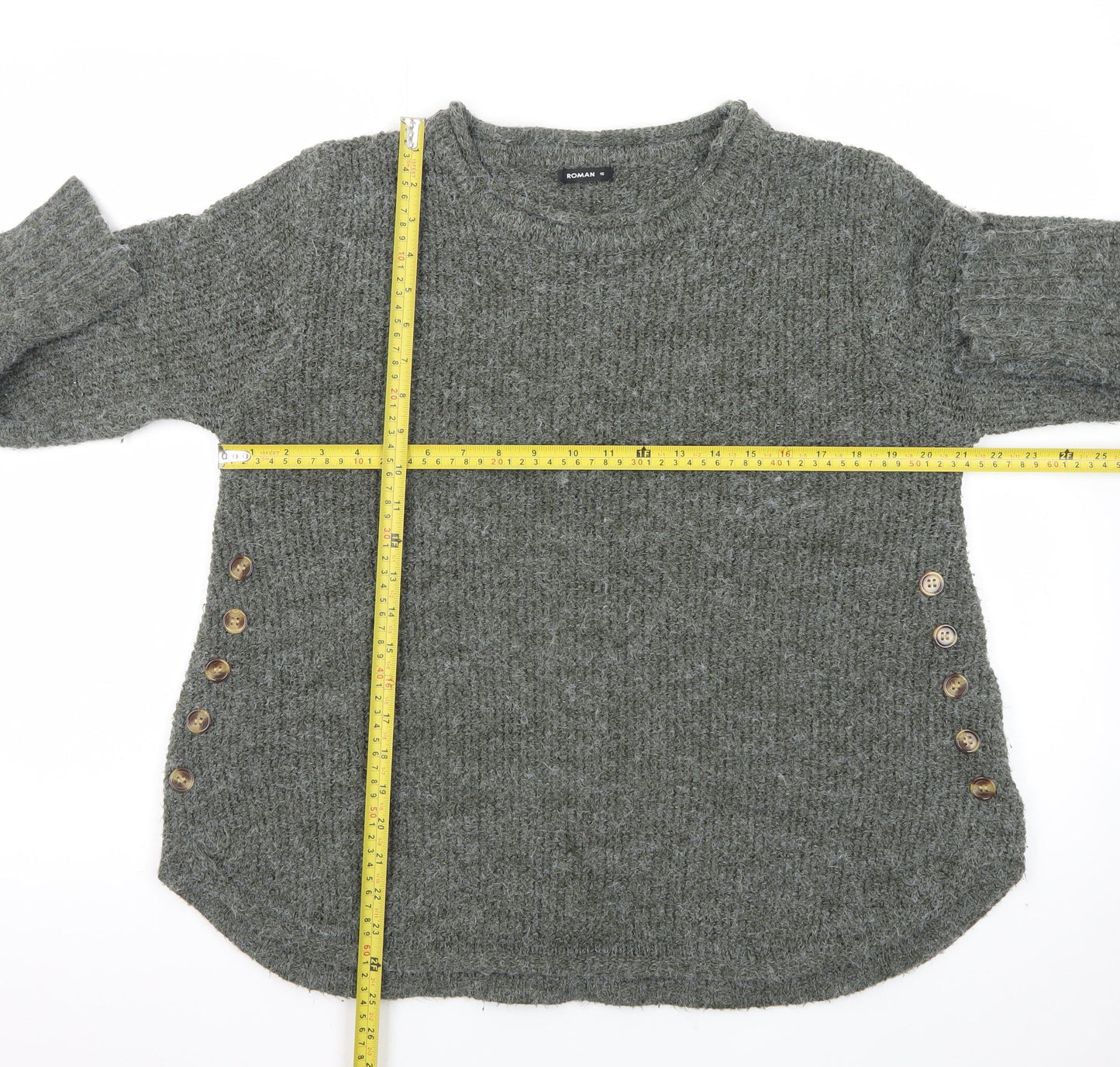 Roman Women Grey Button Accent Long Sleeve Knit Jumper Size 16