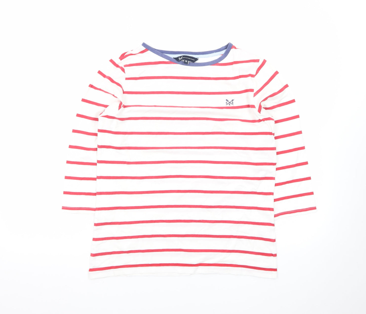 Crew Clothing Company Women's White Striped 3/4 Sleeve Cotton T-Shirt Size 10