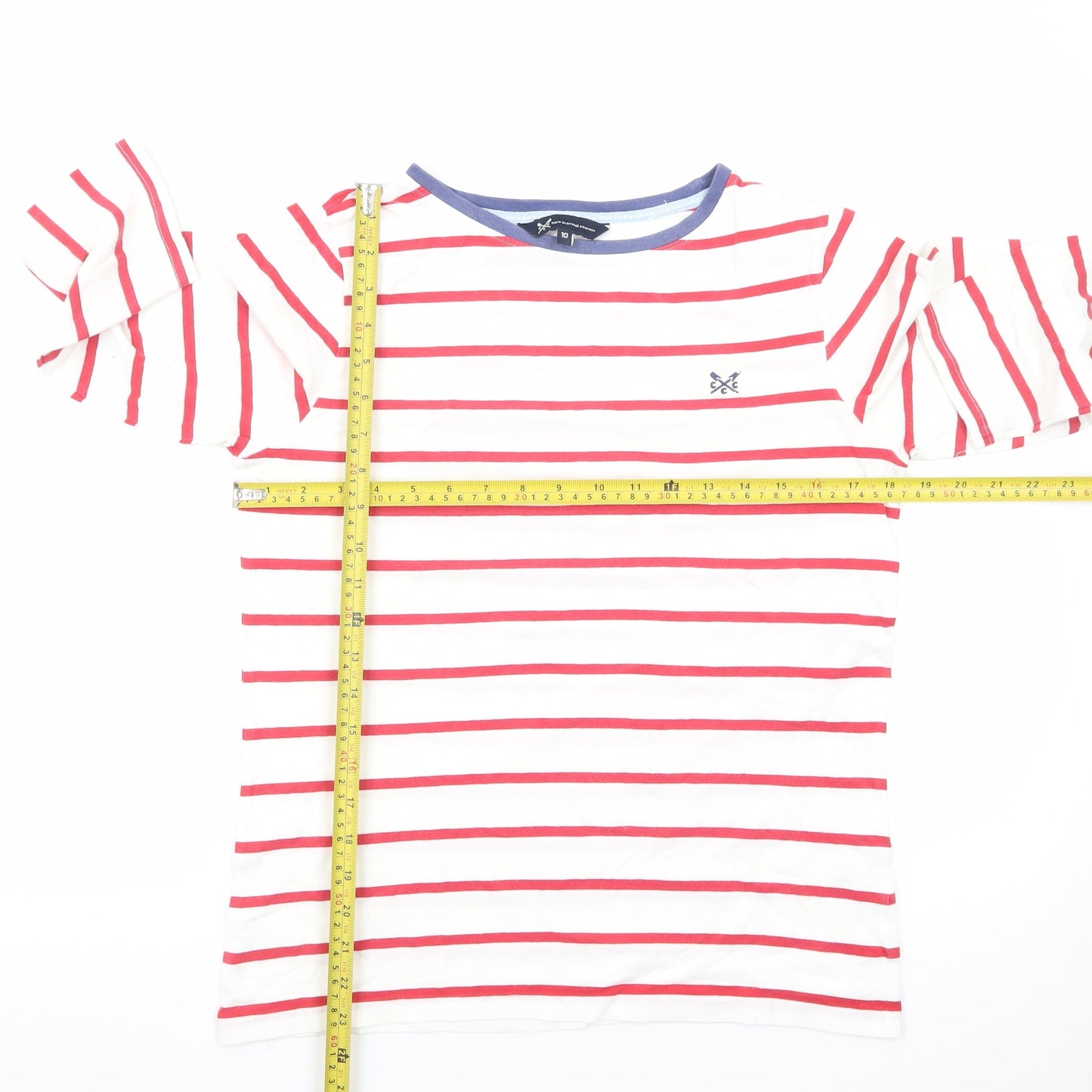 Crew Clothing Company Women's White Striped 3/4 Sleeve Cotton T-Shirt Size 10