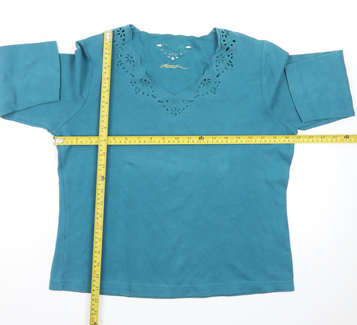 Dash Women’s Blue V-Neck Embroidered 3/4 Sleeve Pullover Jumper Size 14