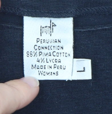 Peruvian Connection Womens Navy Blue L Pullover Boat Neck Cotton Jumper