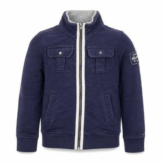 Front view of Tommy Hilfiger boys’ navy blue zip up hoodie jacket, size 8-10, years