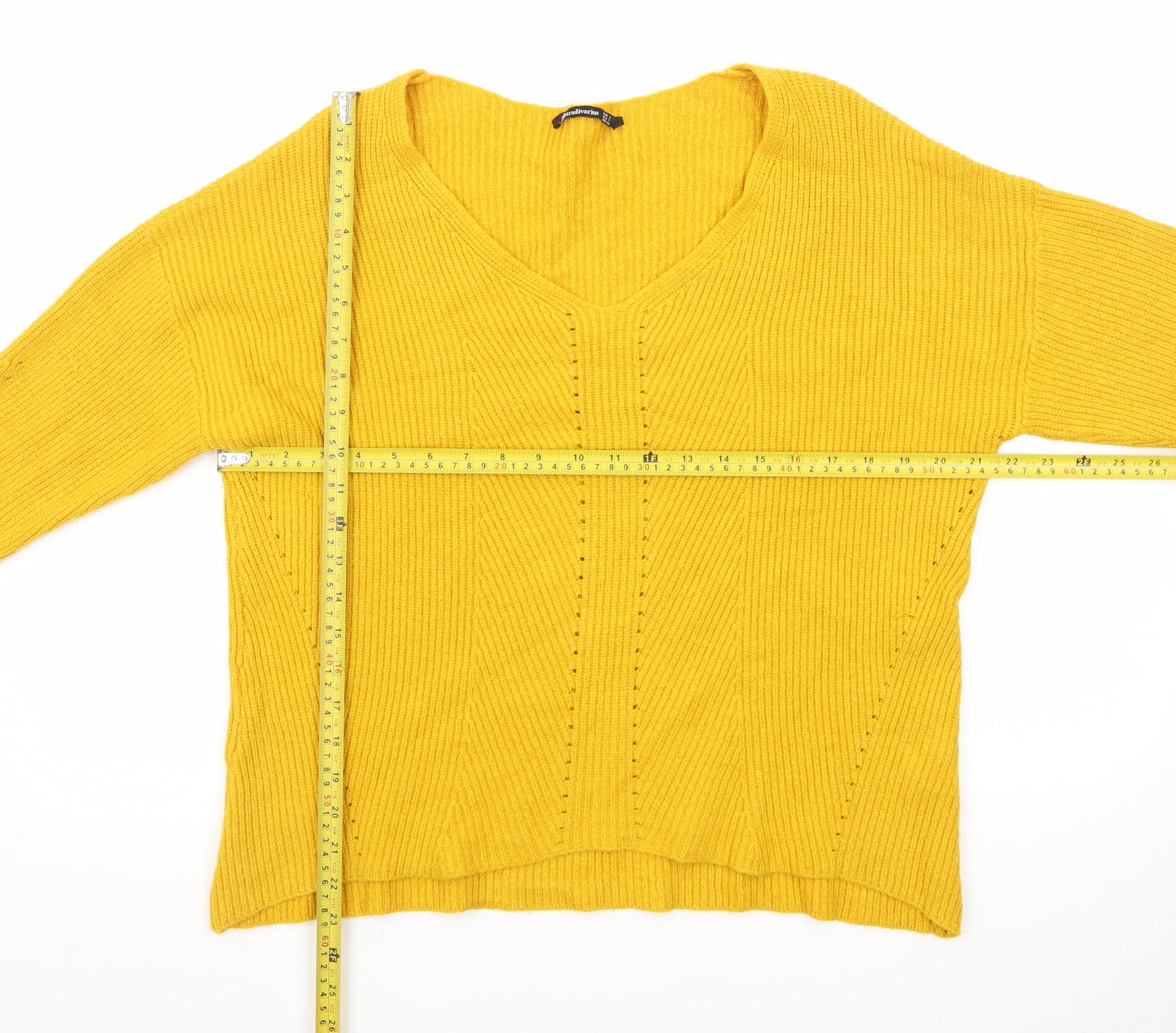 Stradivarius Women Yellow V-Neck Ribbed Knit Jumper Size 8