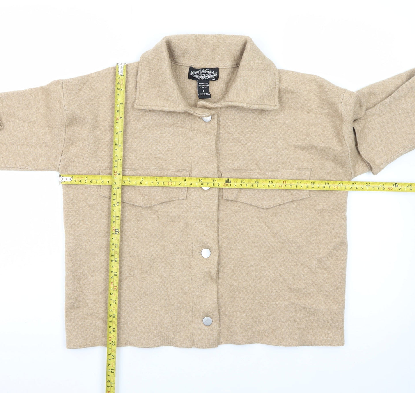 Oliver O Womens Beige Collared Knit Cardigan Small
