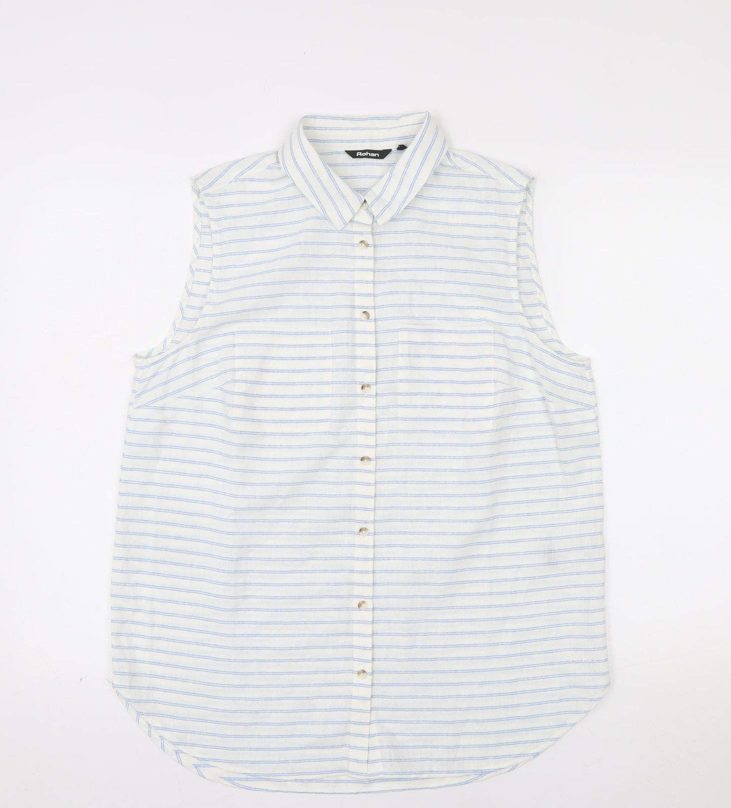 Rohan Womens White Blue Striped Linen Blend Sleeveless Button-Up Shirt Size 14