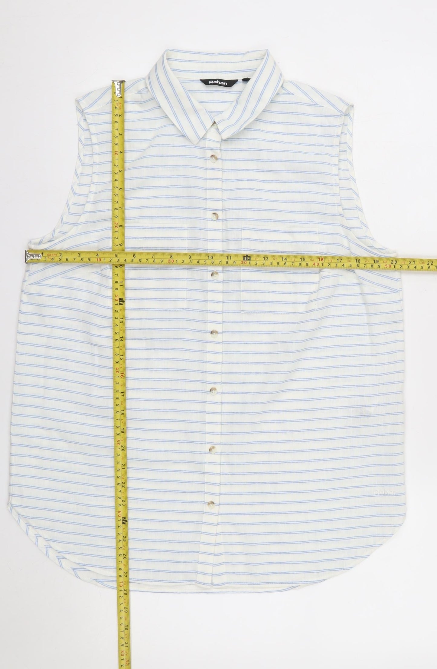 Rohan Womens White Blue Striped Linen Blend Sleeveless Button-Up Shirt Size 14