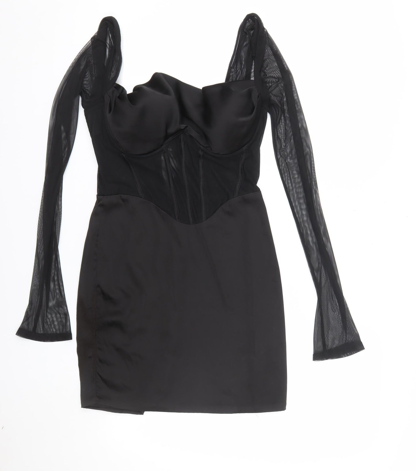 Oh Polly Women Black Bodycon Mesh Long Sleeve Short Dress UK 10