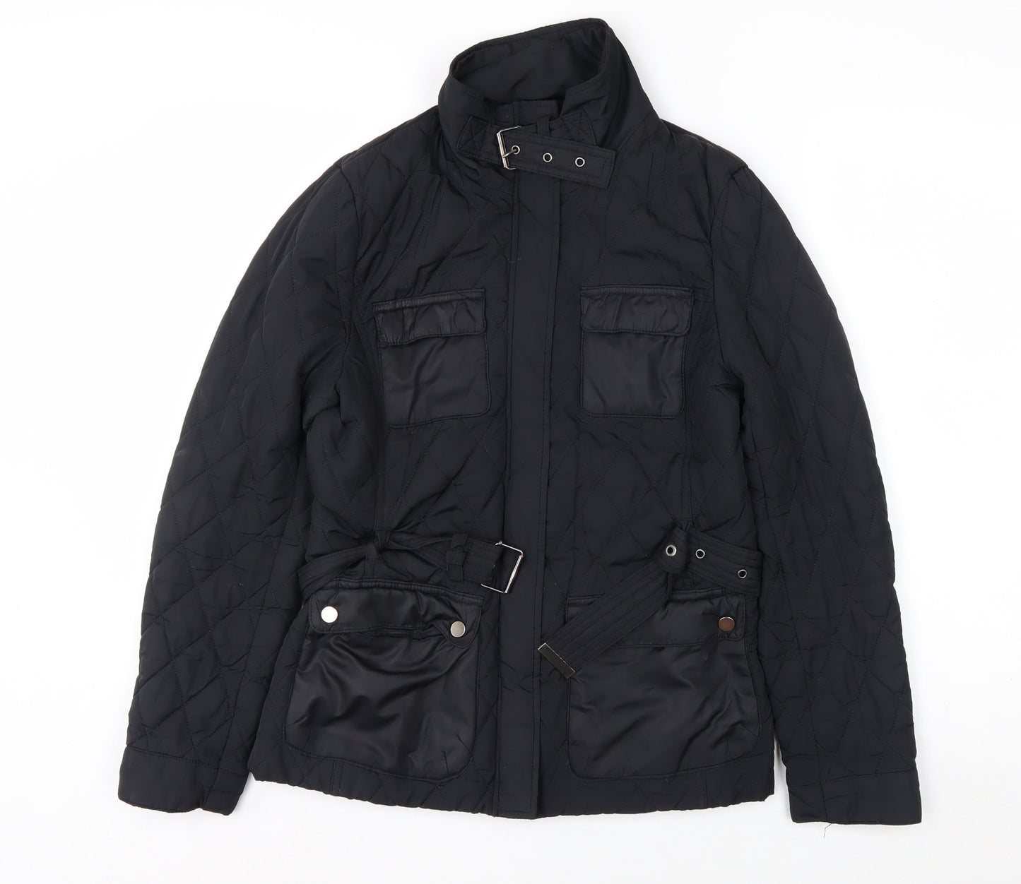 H&M Womens Black Quilted Belted Mid-Length Jacket Size 10