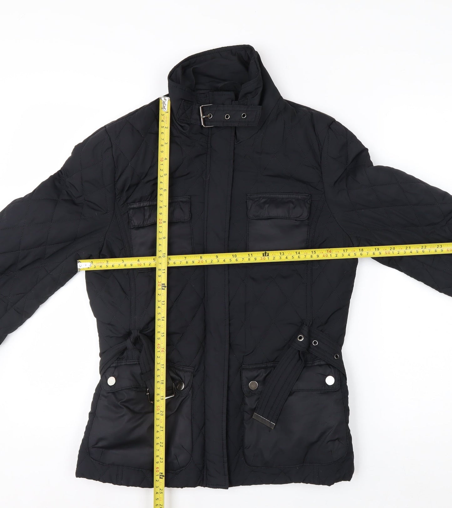 H&M Womens Black Quilted Belted Mid-Length Jacket Size 10