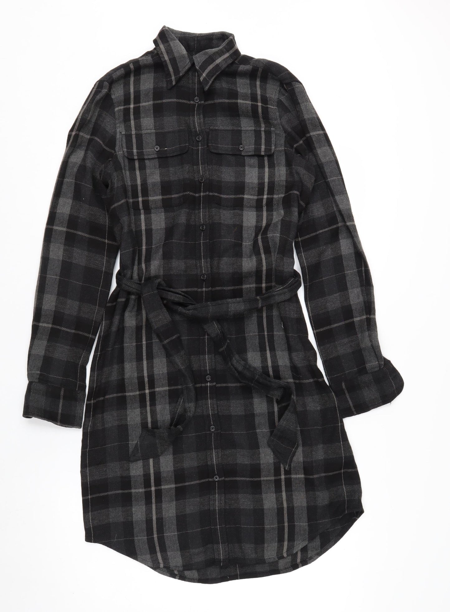 Ralph Lauren Women Black Plaid Cotton Belted Shirt Dress Size 2