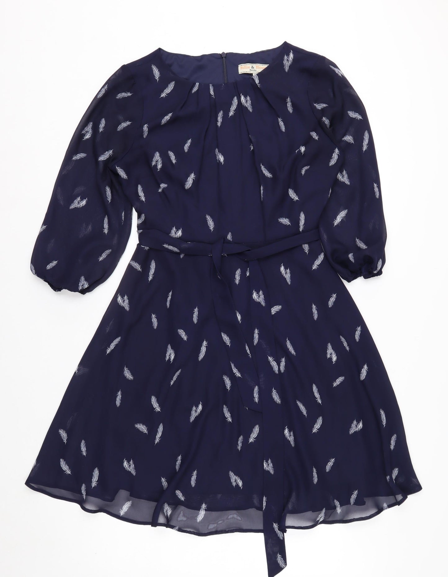 Billie & Blossom Petite Blue Feather Print Fit & Flare Dress Size 10