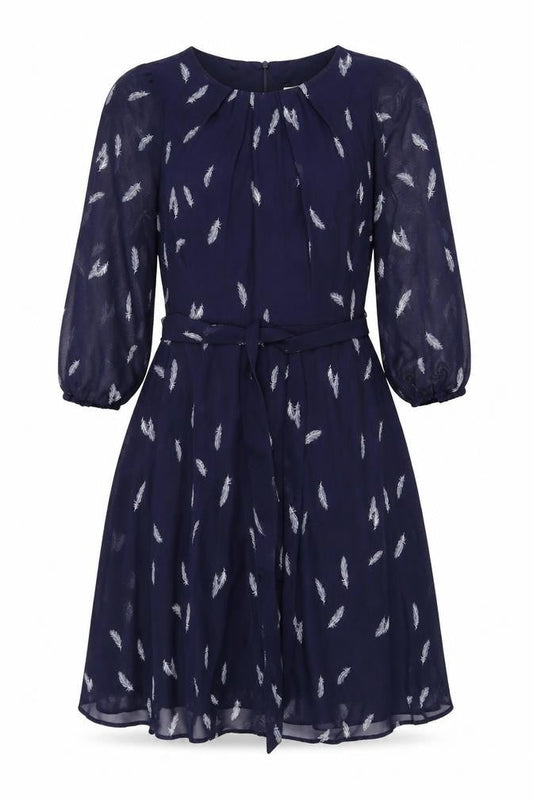 Billie & Blossom Petite Blue Feather Print Fit & Flare Dress Size 10