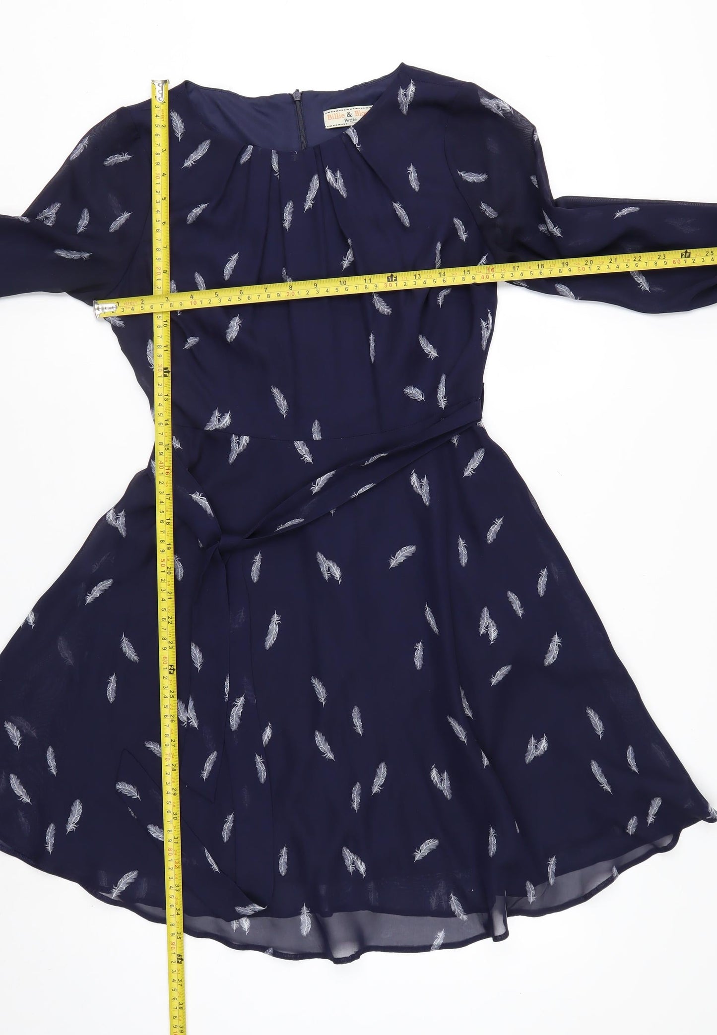 Billie & Blossom Petite Blue Feather Print Fit & Flare Dress Size 10