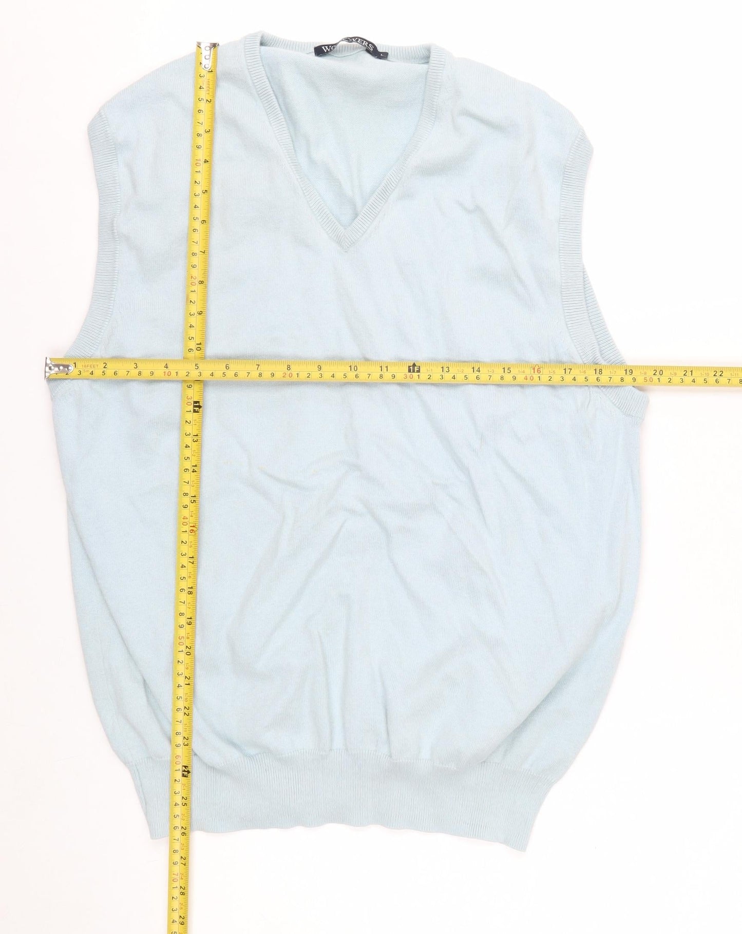WoolOvers Men's Blue Cotton Cashmere V-Neck Sleeveless Jumper L