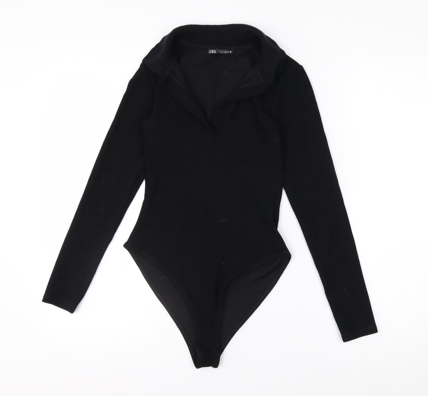 Zara Women Black Collared Long Sleeve Bodysuit Top Size S