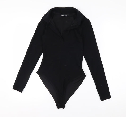 Zara Women Black Collared Long Sleeve Bodysuit Top Size S