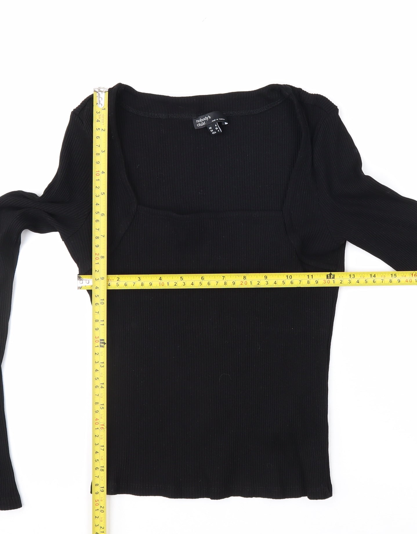 Nobody's Child Women's Black Ribbed Long Sleeve Square Neck Top Size 8